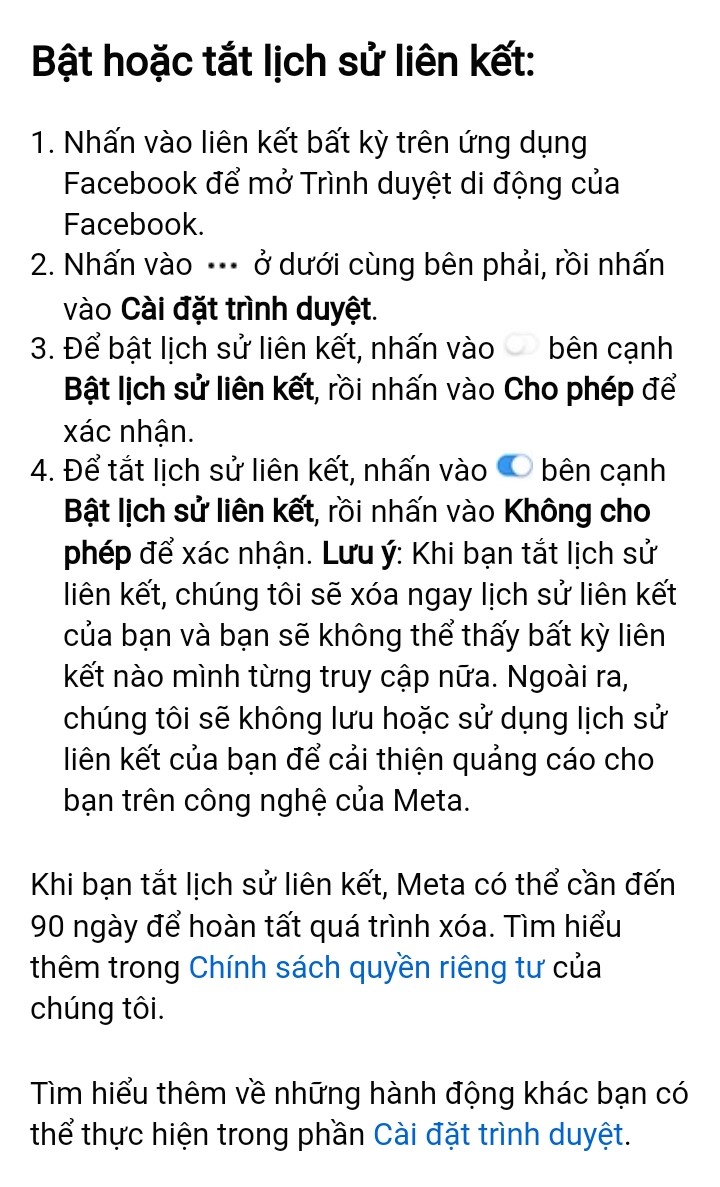 Bật tắt tính năng lịch sử liên kết